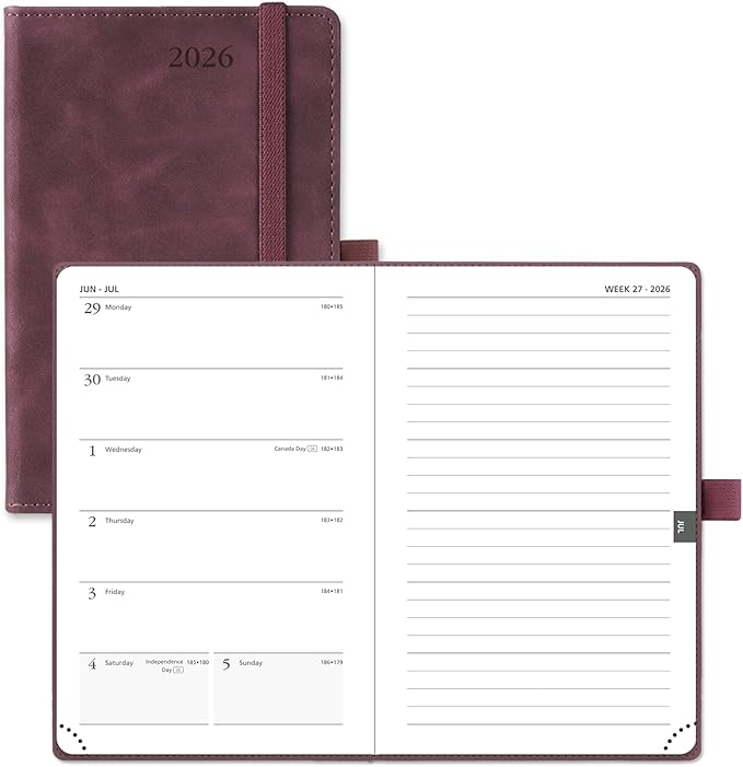 POPRUN Weekly Planner 2026 Pocket Size Calendar (4" x 6.25") 12 Months Notebook with Horizontal Layout, Leather Soft Cover, Inner Pocket, 100GSM Thick Paper, Pen Holder - Claret
