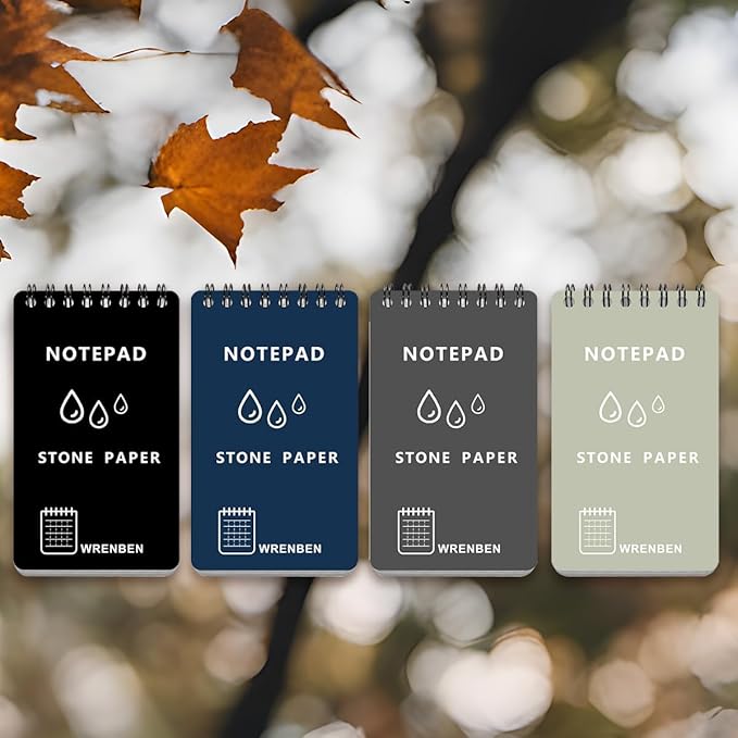 Stone Paper Waterproof Top Spiral Notepad Weatherproof Steno Pads 3" x 5" Pocket Notebooks, Universal Graph Pattern, 4 Pack 400 Pages for Field Travel Adventure (3" x 5", Black)