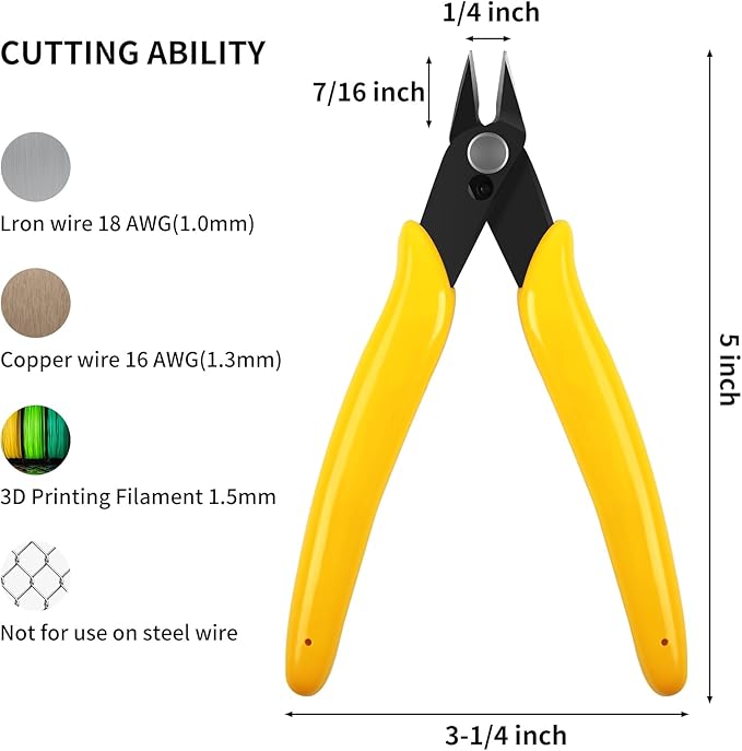 HongWay 5pcs Micro Flush Cutters, Wire Cutter with Internal Spring, Diagonal Cutters for Electronics, Heating Wire, Model Sprue, Soft Copper Wire Snips, 5 Inches, Yellow