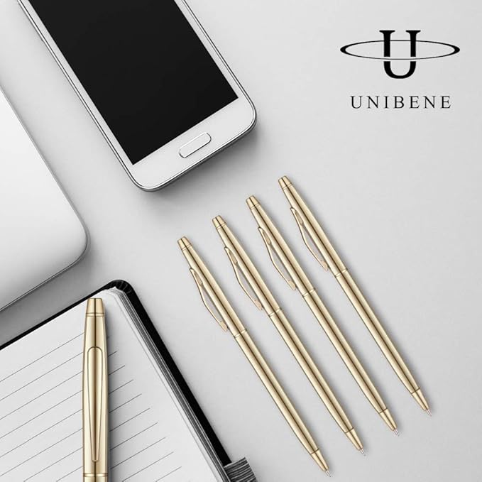 Unibene 12 Pack Slim Gold Ballpoint Pens Black Ink 1 mm - Black ink, Nice Gift for Business Office Students Teachers Wedding Christmas