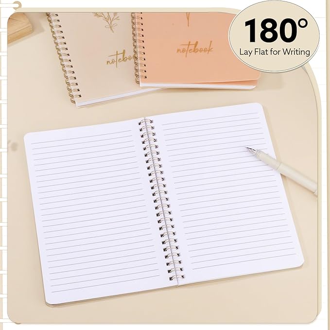 3 Pcs Spiral Notebook 5.9x8.3, 140 Pages Small Notebook for Women A5 College Ruled Journals Cute Notebooks with Large Pockets and Index Stickers for Home School Office Use(Green, Beige, Orange)