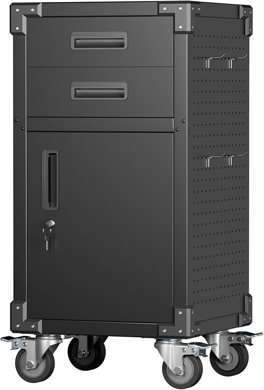 Garage Storage Cabinet, Metal Storage Cabinet with 1 Locking Door and 2 Drawers, Heavy Duty Rolling Workbench Table with Wheels and Pegboards for Garage, Office and Tool Room