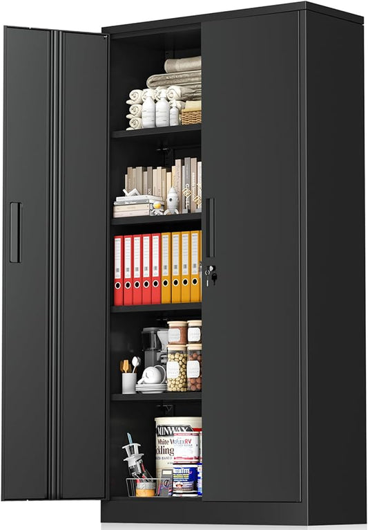 Greenvelly Metal Storage Cabinet with Lock, 72β Black Garage Storage Cabinet with Doors and Shelves, Tall Lockable File &Tool Cabinet for Home Office, Metal Classroom Cabinet Basement