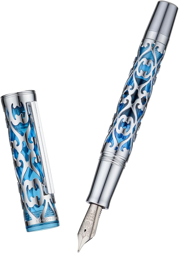 Hongdian D1 Piston Fountain Pen Extra Fine Soft Nib, Silver Blue Hollow Skeleton & Resin Pen with Metal Case Set