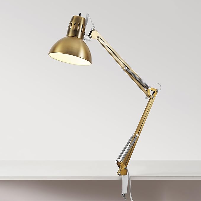 Globe Electric 62000010 32" Multi-Joint Desk Lamp with Metal Clamp, Matte Brass, White Accents, On/Off Rotary Switch on Shade, Partially Adjustable Swing Arm, Home Décor, Office Accessory