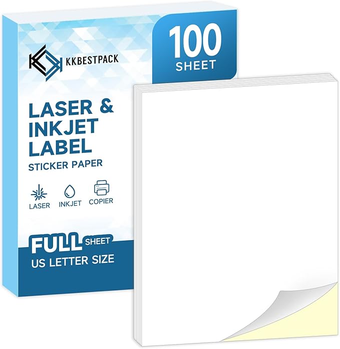 Full Sheets Sticker Paper – 100 Sheets, 8.5" x 11" Letter Size, for Inkjet & Laser Printers