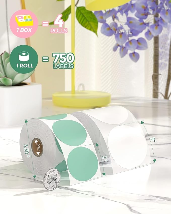 MUNBYN 2 Inch Color Circle Thermal Sticker Label, Self-Adhesive Round Direct Thermal Label for Logo Design, QR Code, White Pink Green Yellow, 3000 Sheets/4 Rolls