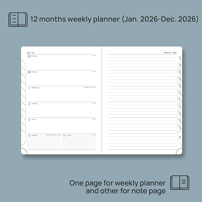 POPRUN Weekly Planner 2026 (Medium 6.5" x 8.5") Calendar 12 Months Notebook with Horizontal Layout, Leather Soft Cover, Monthly Tabs, Inner Pocket, 100GSM Thick Paper, Pen Holder - Cerulean Blue
