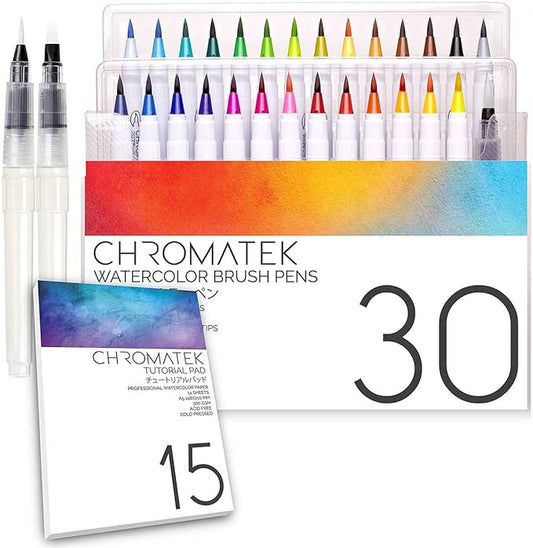 CHROMATEK 30 Watercolor Brush Pens - 15 Page Tutorial Pad and Online Video Series - Real Brush Tip, Vivid, Blendable - Professional Artist Quality - 27 Colors - 3 Aquapens