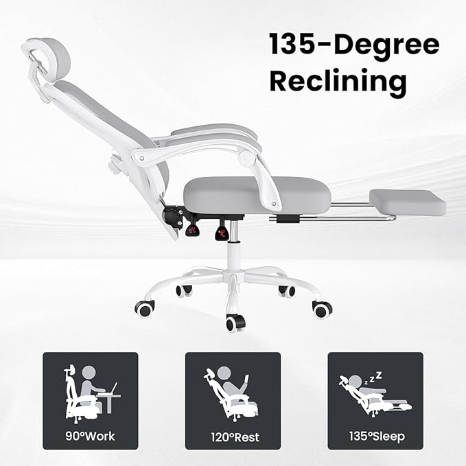 Farini Ergonomic Office Chair with Footrest, Mesh Office Desk Chair with Headrest, High Back Computer Chair with Adjustable Lumbar Support for Home Office Study Room Bedroom, White & Grey