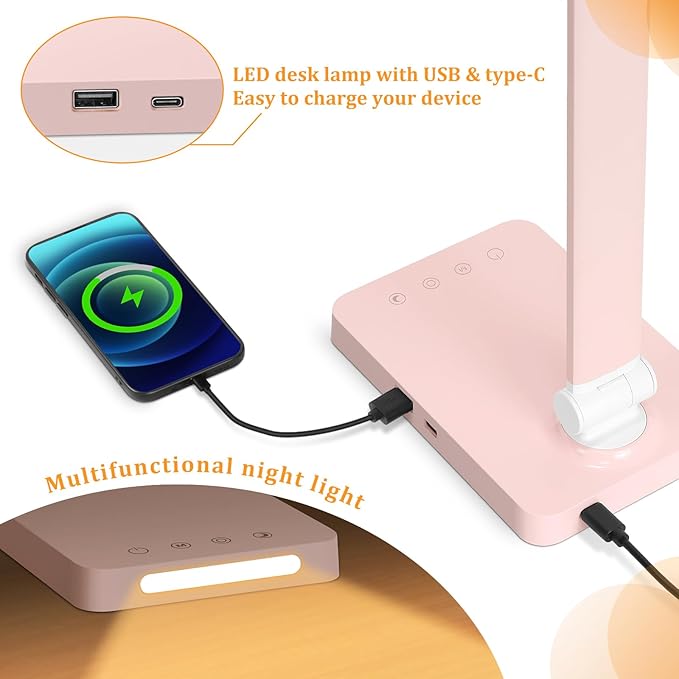 LED Desk Lamp with USB Ports,Touch Desk Lamps for Home Office with 5 Color Modes,3 Brightness Desk Light with Small Night Light,Reading Lamp Table Lamp for Bedroom Bedside Study Pink (with adapter)