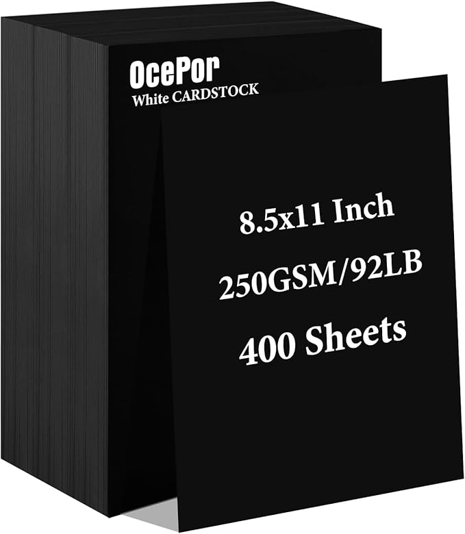 OcePor 400 Sheets Black Cardstock 8.5” x 11”, 92lb/250gsm Black Card Stock, Thick Card Stock Paper, Heavy Cardstock Paper for Printer, Resume, Scrapbooks, Art, Crafts, Business Cards
