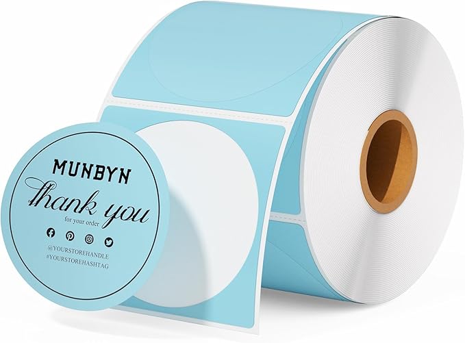 MUNBYN 2 Inch Blue Circle Thermal Sticker Labels, Self-Adhesive Round Direct Thermal Labels for Logo Design, QR Code, Inventory, 750 Sheets/1 Roll