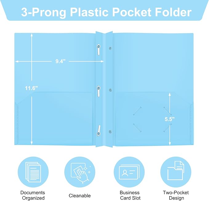 ViVin Heavy Duty 2-Pocket Folders with Brads, Pastel Color, 12-Pack, Durable Plastic Folder with 3-Prong Fasteners, Holds US Letter Size Paper, for School, Home and Office (Light Blue)