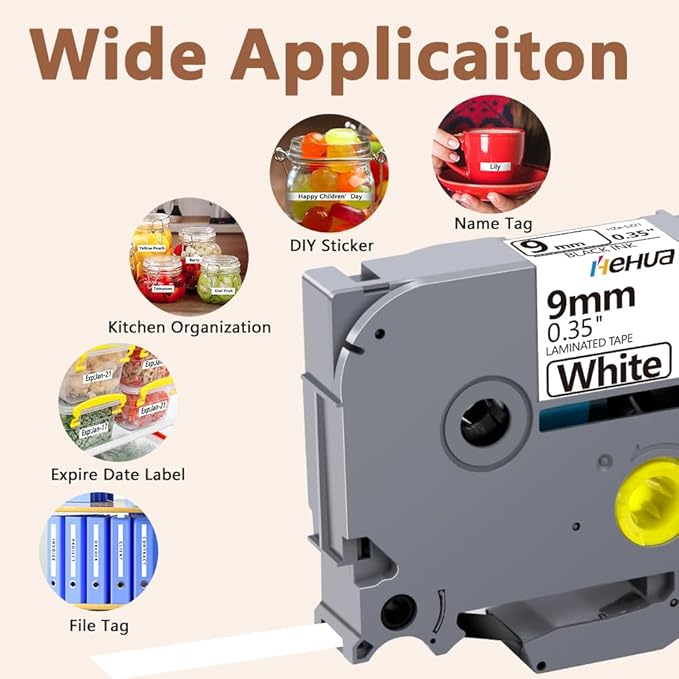 Hehua 9mm 0.35 Extra Strength Adhesive Laminated White Tape Compatible for Brother TZe-S221 TZeS221 TZ-S221 TZS221 for Ptouch PT D210 D200 H110 H100, 3/8'' x 26.2ft Black on White, 4 Pack