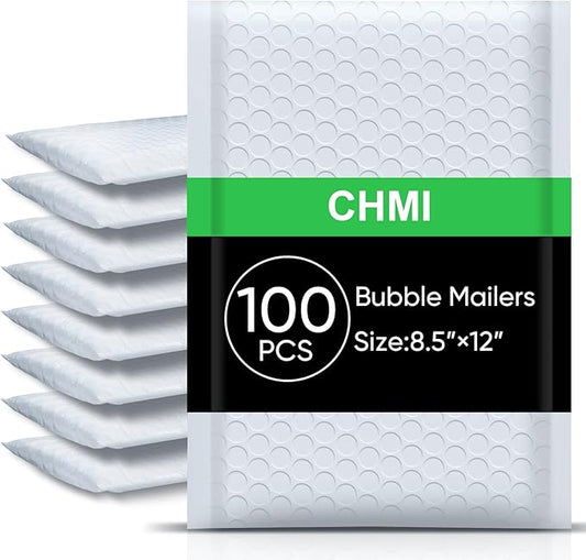CHMI White Bubble Mailers 8.5 x 12 Inch 100 Pack, Usable Size 8.25X12 Inch Poly Mailers,Mailing Envelopes,Shipping Mailer,Opaque Self Seal Adhesive Waterproof Bags for Packaging and Shipping.