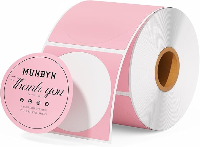 MUNBYN 2 Inch Pink Circle Thermal Sticker Labels, Self-Adhesive Round Direct Thermal Labels for Logo Design, QR Code, 750 Sheets/1 Roll