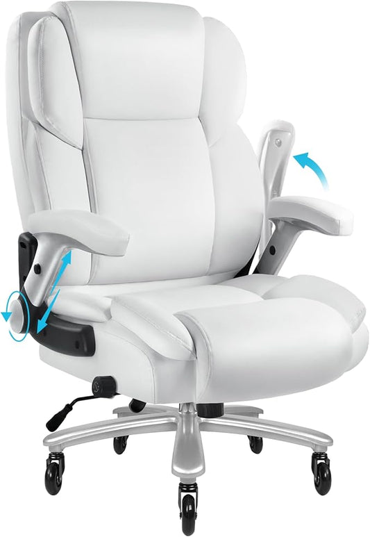 Big and Tall Office Chair 600lbs, Ergonomic Heavy Duty Executive Office Chair, High Back Office Leather Chair with Adjustable Armrests and Lumbar Support, White Big Tall Chair for Heavy People