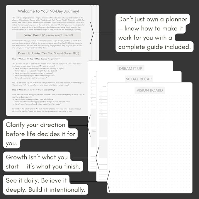 Pland Studio 90-Day Planner β Undated Daily Goal Journal for Men & Women | Charcoal Onyx Hardcover with Habit Tracker, Vision Board, Gratitude Prompts & Flat Lay Binding | Productivity & Mindfulness Notebook