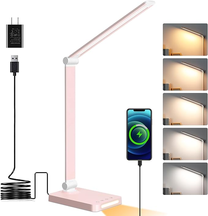 LED Desk Lamp with USB Ports,Touch Desk Lamps for Home Office with 5 Color Modes,3 Brightness Desk Light with Small Night Light,Reading Lamp Table Lamp for Bedroom Bedside Study Pink (with adapter)