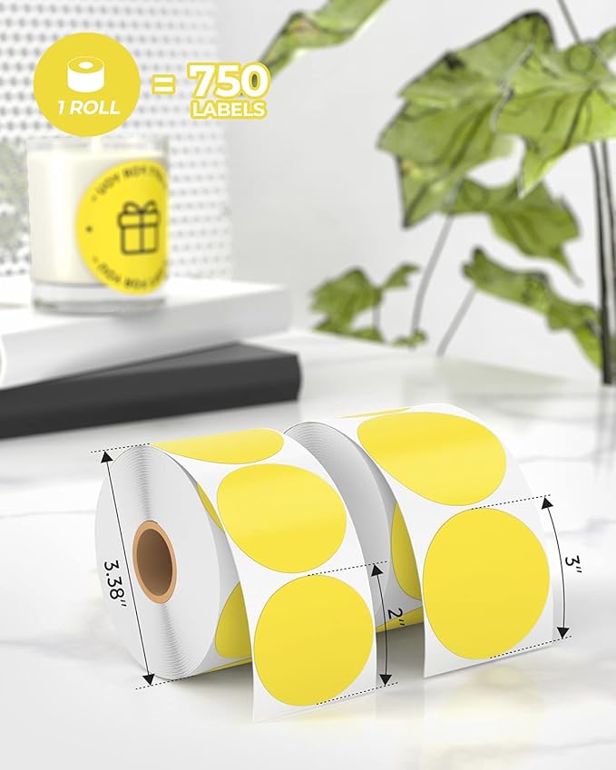MUNBYN 2 Inch Circle Yellow Thermal Sticker Labels, Multi-Purpose Self-Adhesive Round Direct Thermal Labels for Business, 750 Sheets/1 Roll
