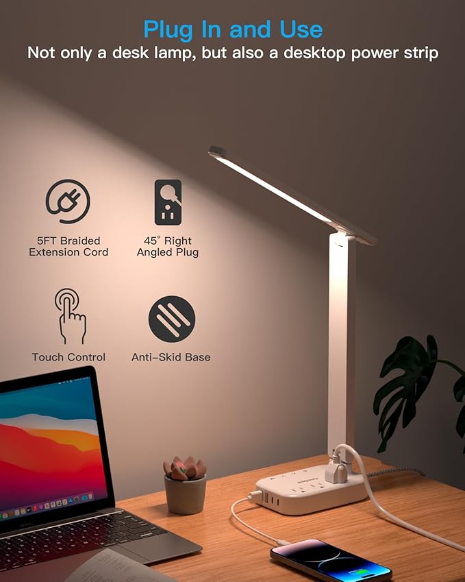 Power Strip with LED Desk Lamp, 10 Ft Extension Cord with 3 Outlets 4 USB Ports(2 USBC), 4 Modes 5 Level Touch Lamp Small Desk Lamp for Home Office, Study Reading Light, Dorm Room Essentials