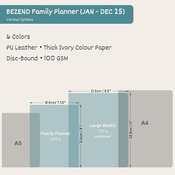 BEZEND Life Planner 2025 Weekly & Monthly Family Organizer with 6 Columns 7" x 9" - Agenda 2025 Family Calendar with Tabs, Pocket & Tear-off Shopping List, Disc Bound Flexible Cover - Prussian Blue