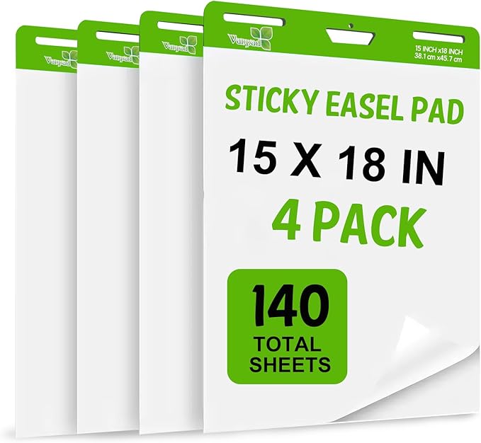 Sticky Easel Pad 15 in x 18 in, 35 Sheets/Pad, 4 Pads/Pack, 140 Sheets, Large White Sticky Easel Paper for Office and Classrooms, Flip Chart Paper for Teachers,Super Sticking Power & Bleed-Resistant