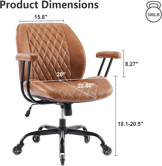 YFO Home Office Desk Chair Office Rubber Casters Ergonomic Computer Chair with Lumbar Support Adjustable Height Rolling Swivel Executive Task Armrests Chair๏ผ Brown Leather