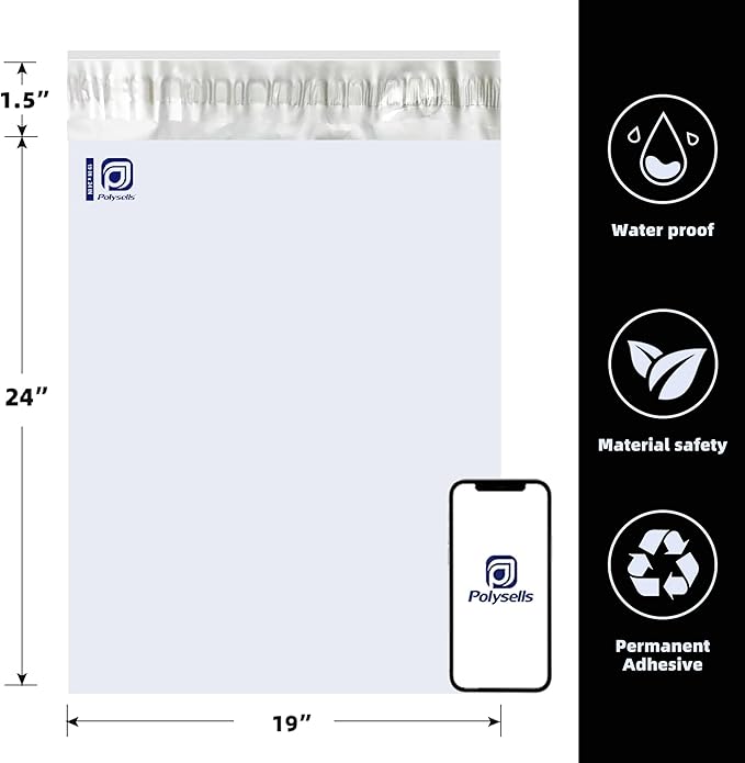 POLYSELLS 200 pcs 19x24 Inches White x Silver Poly Mailers Shipping Envelopes, Strong Adhesive Sealing, Waterproof, and Tear-resistant Postal Mailing Bags for Clothing, Books, and Accessories
