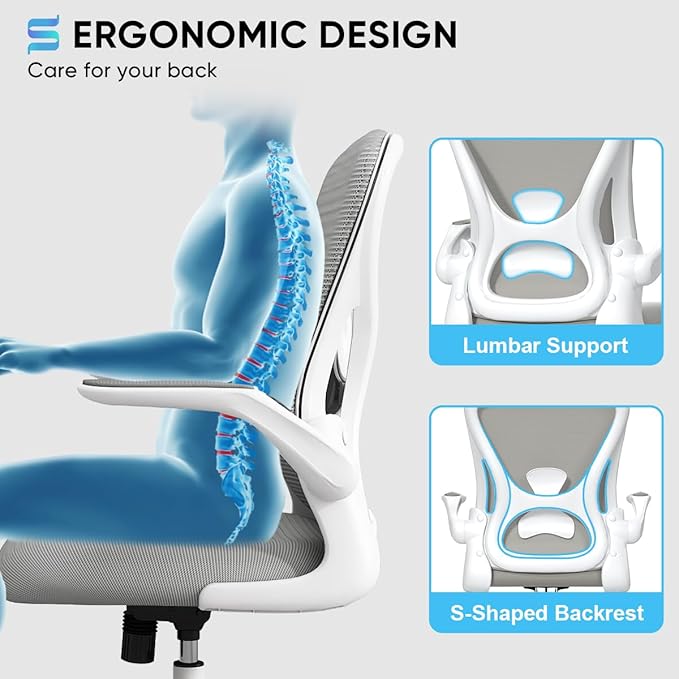 Sytas Ergonomic Desk Chair with Padded Flip up Arms and Supportive Lumbar Support, Breathable Mesh Home Office Chair with Comfortable Cushion for Home or Office(Gray)