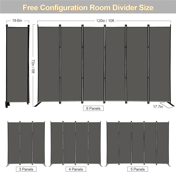 MAYOLIAH 6 Panel Folding Privacy Screen 9ft Wide, 6ft Tall Partition Room Divider Portable Office Walls Dividers Room Separator, Grey