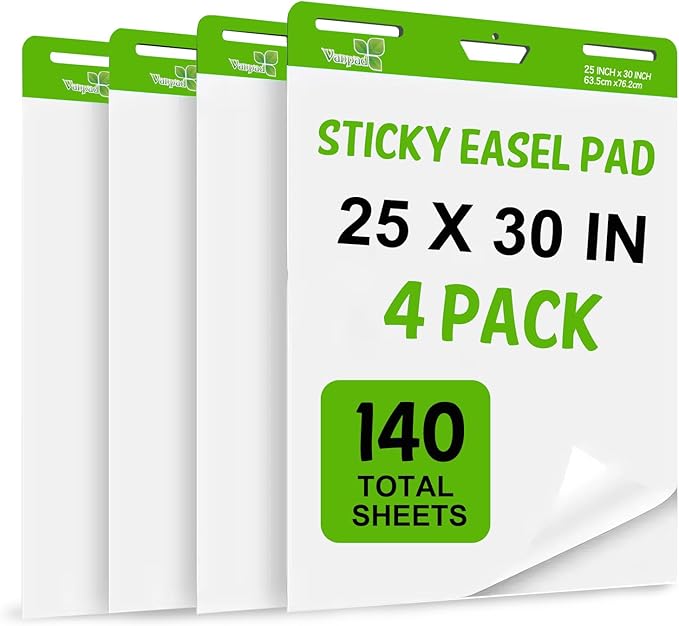 Sticky Easel Pad 25 in x 30 in, 35 Sheets/Pad, 4 Pads/Pack, 140 Sheets, Large White Sticky Easel Paper for Office and Classrooms, Flip Chart Paper for Teachers,Super Sticking Power & Bleed-Resistant