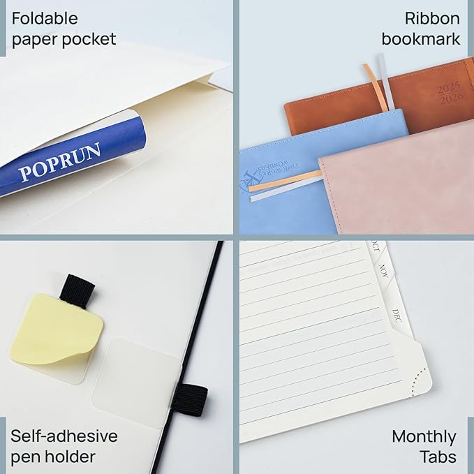 POPRUN Weekly Planner 2026 (Large 8.5" x 10.5") Calendar 12 Months Notebook with Horizontal Layout, Leather Soft Cover, Monthly Tabs, Inner Pocket, 100GSM Thick Paper, Pen Holder - Claret