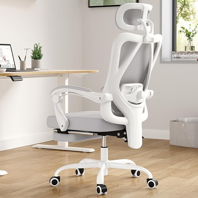 Farini Ergonomic Office Chair with Footrest, Mesh Office Desk Chair with Headrest, High Back Computer Chair with Adjustable Lumbar Support for Home Office Study Room Bedroom, White & Grey