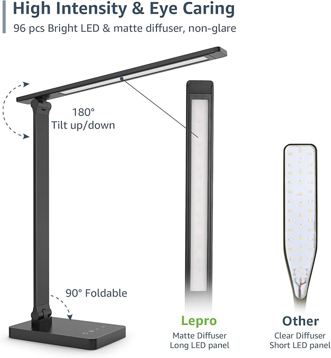 Lepro LED Desk Lamp with USB Charging Port Dimmable Home Office Touch Control Reading Table Lamp,3 Color Modes with 5 Brightness Level,College Dorm Room Essentials, Eye Caring, Sewing, Crafting, Black