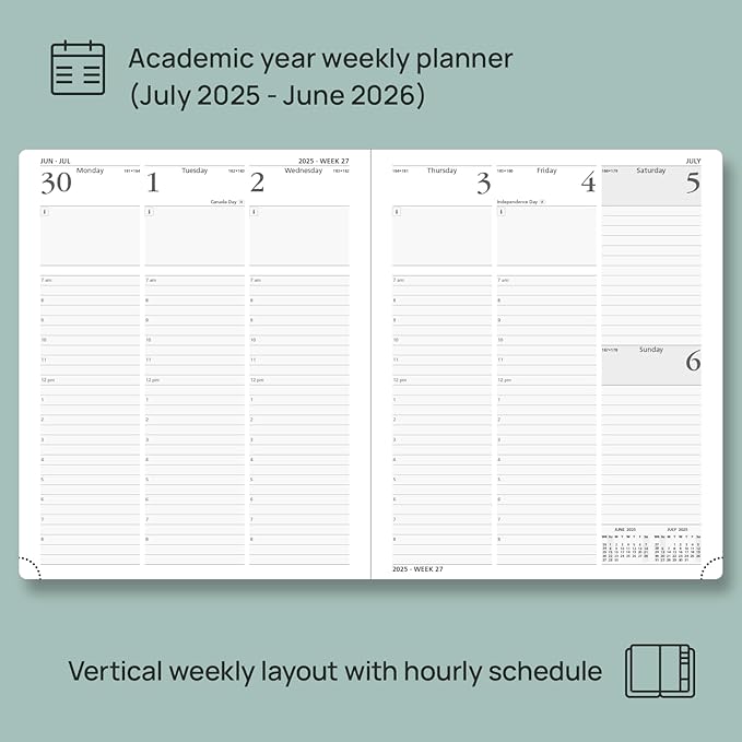 POPRUN Planner 2025-2026 (Large - 8.5'' x 10.5'') Academic Weekly Calendar (July 2025 - June 2026) with Hourly Time Slots, Monthly Tabs, 100GSM Thick Papers, Leather Soft Cover - Brown