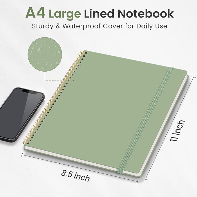 Taja Spiral Lined Notebook, 8.5"x11" Notebooks for Work, Large A4 Journal for Women & Men, College Ruled Journaling Notebook for Writing, Plastic Cover Spiral Journal, Green