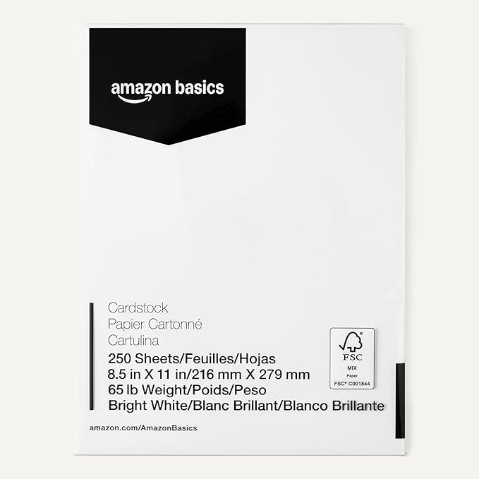 Amazon Basics Cardstock Paper, 8.5" x 11", 65 lb/176 gsm, 96 Bright, White, 250 Sheets