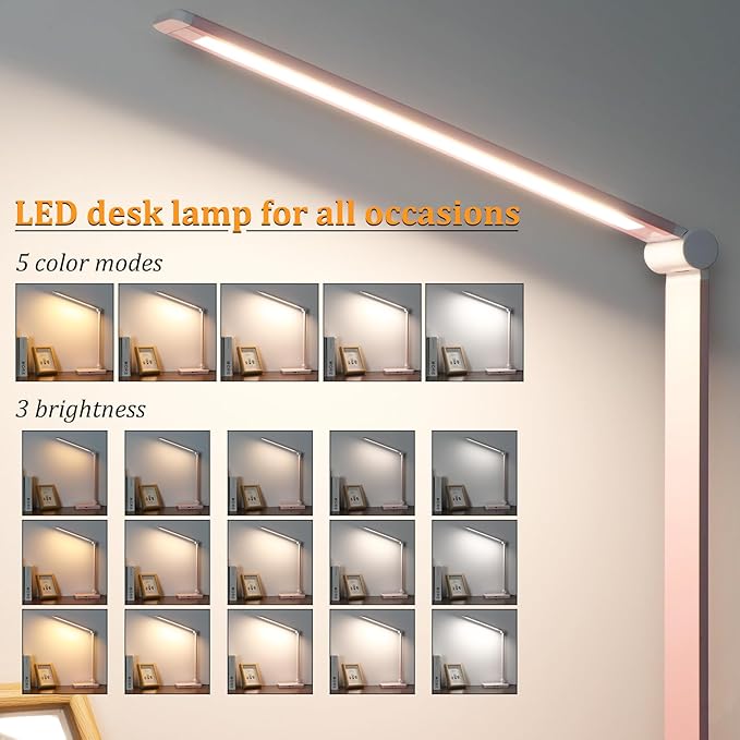 LED Desk Lamp with USB Ports,Touch Desk Lamps for Home Office with 5 Color Modes,3 Brightness Desk Light with Small Night Light,Reading Lamp Table Lamp for Bedroom Bedside Study Pink (with adapter)
