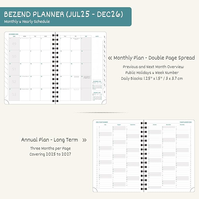 BEZEND Planner 2025-2026 Weekly and Monthly, 5.8" x 8.5" Academic Calendar (Jul 25-Dec 26) Vertical Daily Appointment with Hourly Timeslot & Monthly Tab, Spiral, PU Leather Softcover - Sky Blue