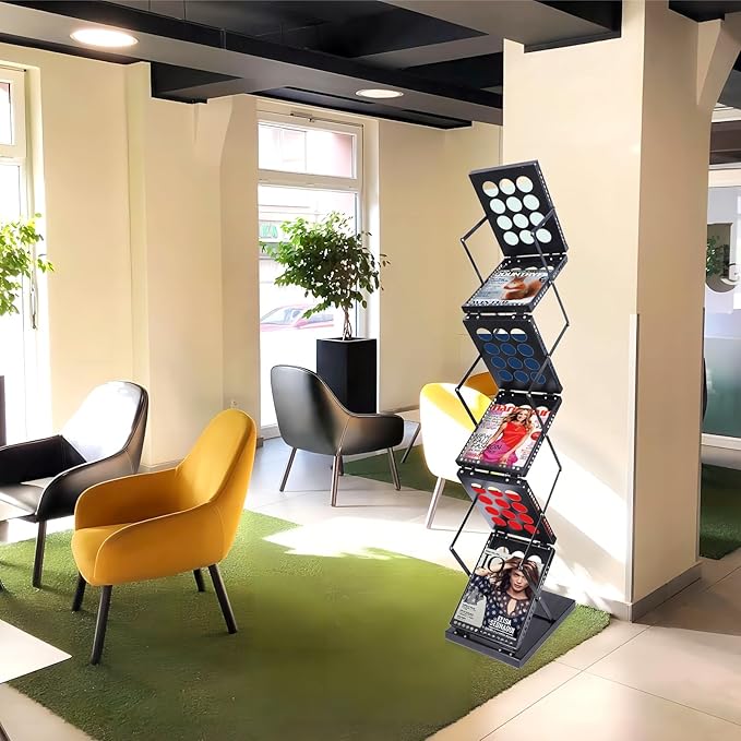 Folding Literature Rack, 6 Pockets Metal Brochure Holder Stand Floor Standing Magazine Rack,Double-sided Display Flyer Holder Stand Literature Stand for Trade Show Office Store Home