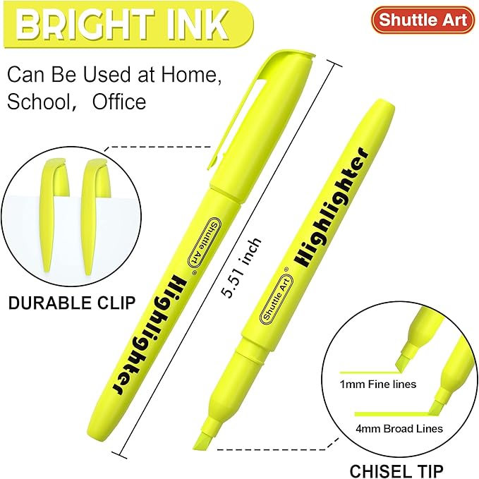 Shuttle Art Yellow Highlighters, 30 Pack Highlighters Bright Colors, Chisel Tip Dry-Quickly Non-Toxic Highlighter markers for Adults Kids Highlighting in Home School Office