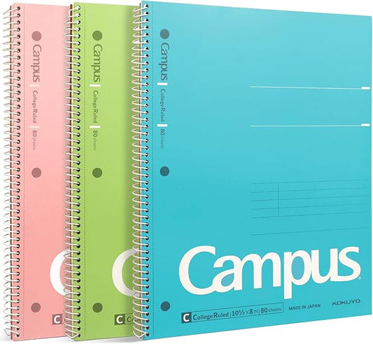 KOKUYO Spiral Notebook, 3 Pack Campus 10-1/2" x 8" Subject Notebooks with College Ruled, 80 Sheets, Pink Blue Green 3 Holes School Spiral Journal for Work Study Note Taking (WSG-SU-400G1Γ3)