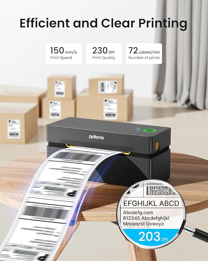 POLONO Bluetooth Thermal Shipping Label Printer, Wireless 4x6 Shipping Label Printer for Small Business, Support iOS, Android, Windows and Mac, Compatible with Amazon, Ebay, Shopify, Etsy, USPS(Black)