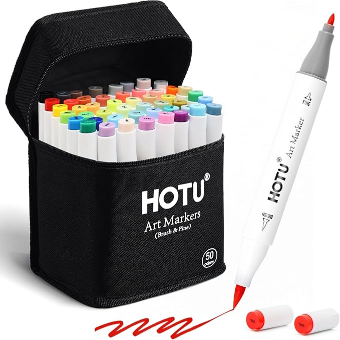 Alcohol Markers Brush and Fine Tip 50 Colors Dual Tips Art Marker Set Alcohol-based Sketch Pens with Carrying Case,Non-Bleeding Pad for Art Enthusiast Adults Coloring Illustration