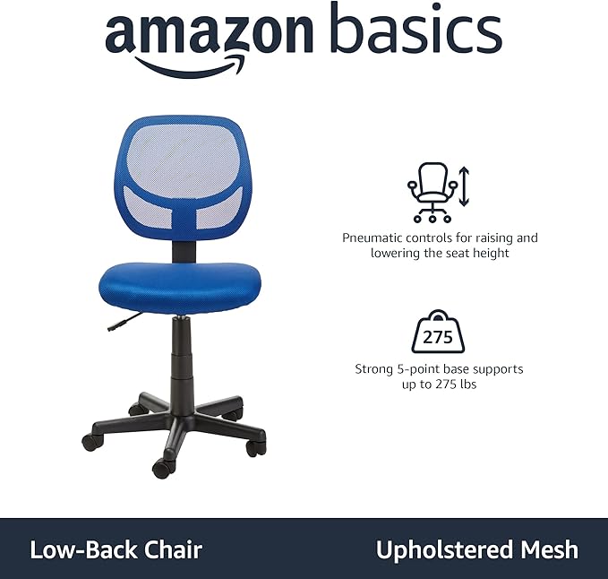Amazon Basics Rolling Desk Chair, Adjustable, Low Back, Padded Seat, Breathable Mesh, Swivel, Blue, 21.25" D x 22.5" W x 38" H