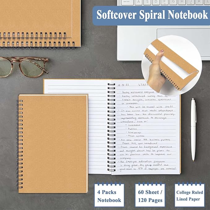 GINMLYDA 4Pack Small Spiral Notebook A5, 8.25x5.5โ 120 Lined Pages Wide Ruled Spiral Journal Bulk Blank Kraft Cover Spiral Bound Notebook & Writing Pads for Home Office Meeting Work Note Taking