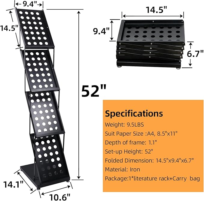 4 Pockets Folding Magazine Rack,Floor Metal Black Literature Rack with Case Brochure Stand Literature Stand Catalog Holder Stand Flyer Display Stand for Trade Show Exhibition Office Retail
