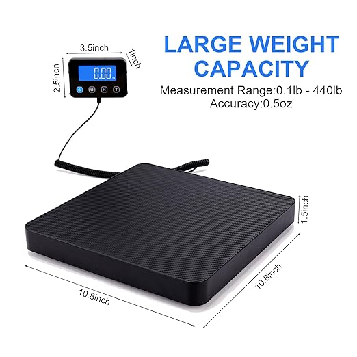 Digital Shipping Scale, 5g High Accuracy 440 lb Postal Scale with Hold and Tare Functions for Parcels/Luggage/Home, Silicone Surface, Extended LCD Display, Batteries and AC Adapter Included